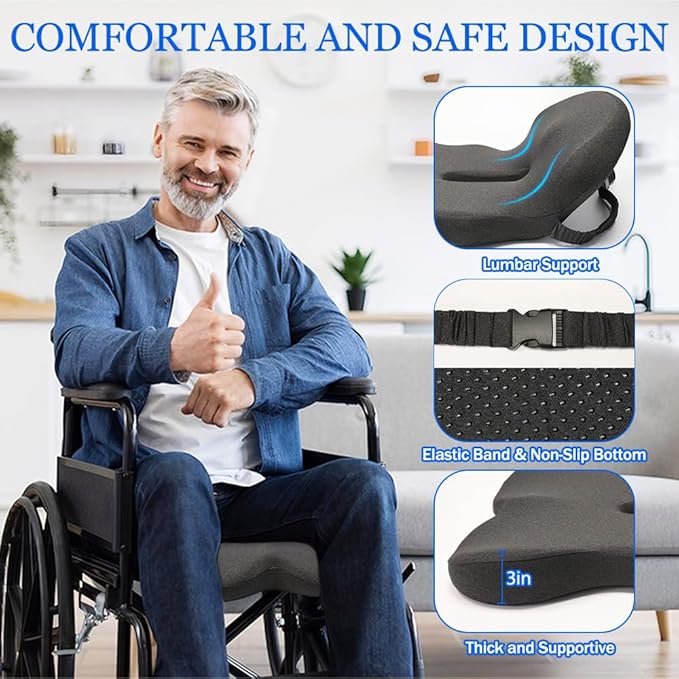 Wheelchair Cushions with Ergonomic L-Shape Design – Premium Memory Foam Seat Cushion for Posture Support & Tailbone Pain Relief – Non-Slip Base & Adjustable Straps for Office, Car & Travel Use