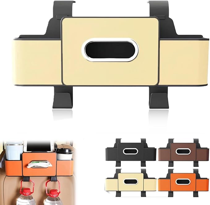 3 in 1 Car Backseat Organizer with Cup Holder, Leather Multifunctional Seat Back Storage with Tissue Box, Phone Holder and Hooks, for Hold Phones, Snacks, Drinks, and Handbags (White,1PCS)