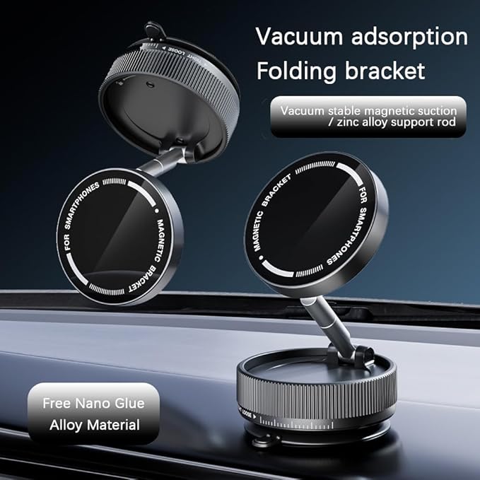 Vacuum Suction Magnetic Car Phone Holder Mount Fit All Phones,Adjustable Phone Holders for Your Car,Mechanical Knob No Need Charging,Metal Ring Stick Outside if Case Non-Magnetic (Black)