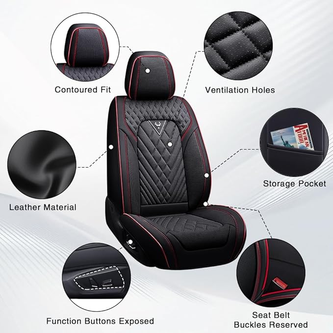 Fit for Dodge Dakota Seat Covers 2000-2011, Nappa Leather, 360° Full Protection, Thick Padding & Memory Foam, Waterproof & Stain-Resistant Car Seat Cover (Fornt Set with Headrests,Black&Red)