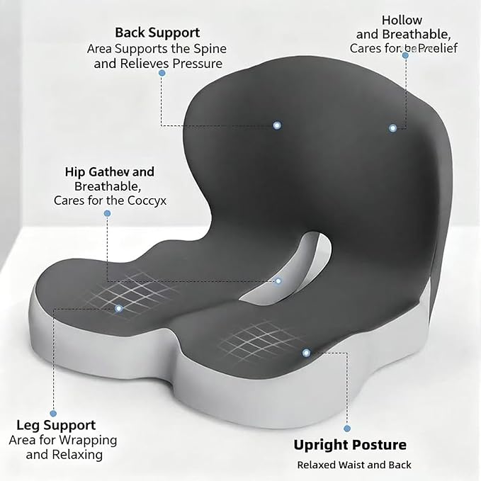 Orthopedic Cushion for Office Chair and Car, Memory Foam Seat Cushion with Lumbar Support Pillow, Instant Relieve Pressure on Back, Hips, Tailbone, Improves Sitting Posture (2, Light Gray)