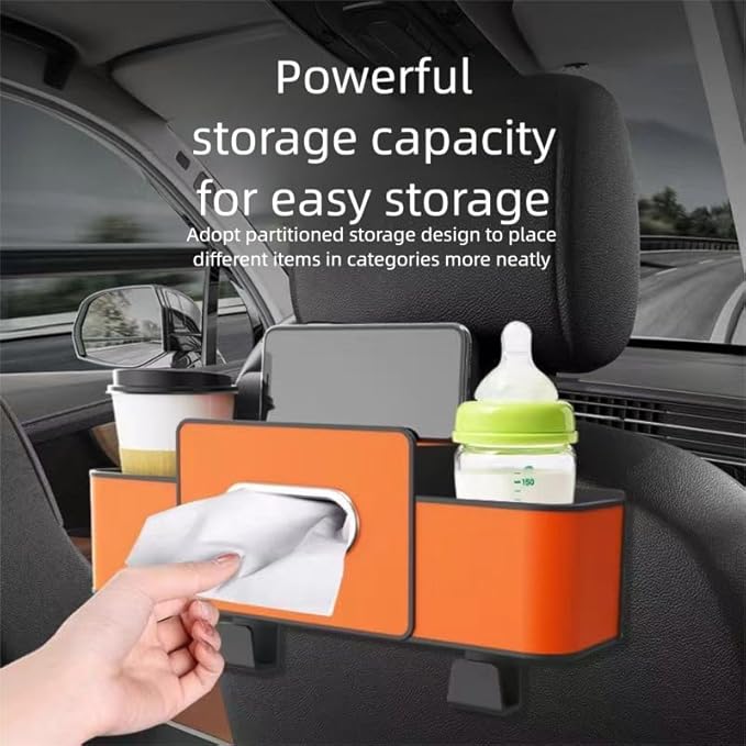 Car Backseat Organizer with Tissue Holder, Multifunctional Storage Rack with Cup Holder and Phone Holder, ABS Material with Leather Finish, Adjustable (White)