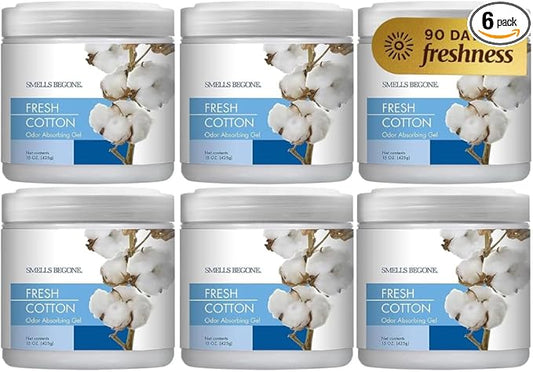 SMELLS BEGONE 15oz Gel Odor Eliminator - Absorb & Remove Tough Odors in Pet Areas, Bathrooms, Basements, Garage, Cars, RVs & Boats - Eliminate Odors Quickly (6-Pack, Fresh Cotton)