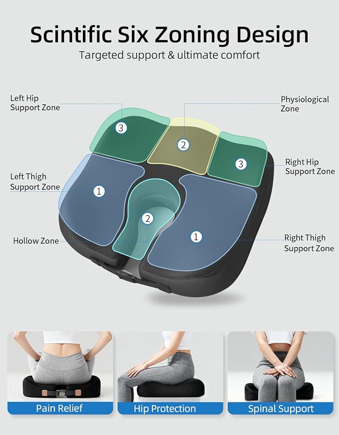 Adjustable Seat Cushions for Office Chairs, Extra-Dense Seat Cushion for Desk Chair, Home Chair, Ergonomic Sciatica Support, Hip & Tailbone Pain Relief Chair Cushions for Long Sitting (Black)