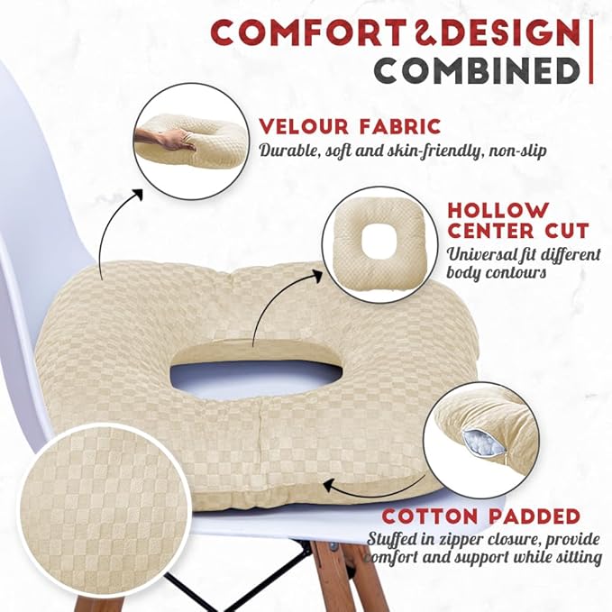 Stuffed Donut Pillow Seat Cushion | for Tailbone and Coccyx Pain, Hemorrhoids, Bed Sores, Pregnancy, Prostate, Surgery Recovery, Sitting Pressure Relief, for Home, Office and Car (Beige)