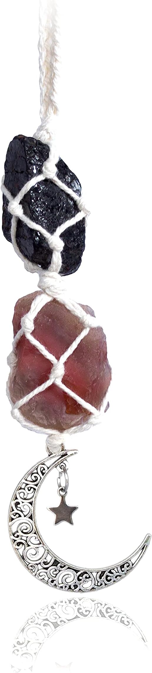 BOHO GARDEN Hanging Car Charm - Black Tourmaline & Carnelian - Dangling Moon, Healing Crystal Accessories, Rearview Mirror Decorations - Grounding, Confidence, Protection, Transformation, Joy, Energy