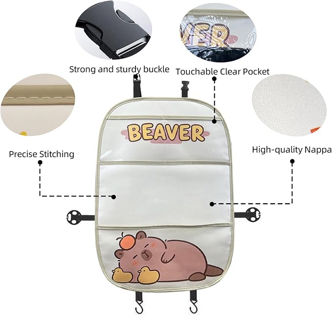 2-Pack kids Leather Car Backseat Organizer with Foldable Table Tray, Car Storage Organizer with Tablet Holder, Car Seat Back Protectors Kick Mats, Travel Accessories (Capybara)