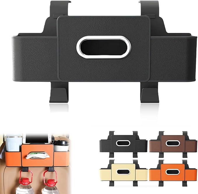 3 in 1 Car Backseat Organizer with Cup Holder, Leather Multifunctional Seat Back Storage with Tissue Box, Phone Holder and Hooks, for Hold Phones, Snacks, Drinks, and Handbags (Black,1PCS)