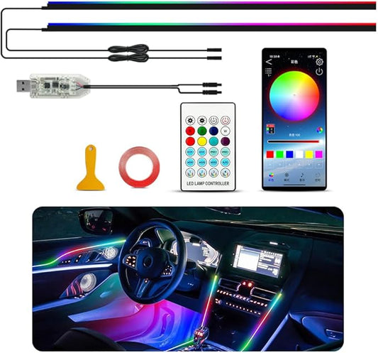 Ambient Lighting Car led Lights Interior, 43.3'' USB Powered Acrylic Neon Flexible Strip Model y Ambient Lighting kit with Remote APP,Dynamic RGB 2 in 1 Music Lights Sync for Inside car Decorations