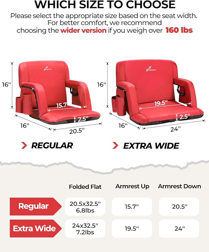 Sportneer Stadium Seats with Back Support: 2.5'' Thick Comfy Cushion 6 Adjustable Angle Bleacher Seat with Armrest - 2 Large Pockets, 2 Cup Holders Stadium Chair for Sport Events Concerts Parks