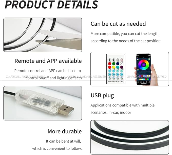 Ambient Lighting Car Led Lights Interior,43.3’’ USB Powered Acrylic Neon Flexible Strip Fiber Optic LED Ambient Lighting Kits with Remote APP, RGB Music Lights Sync for Inside car Decorations