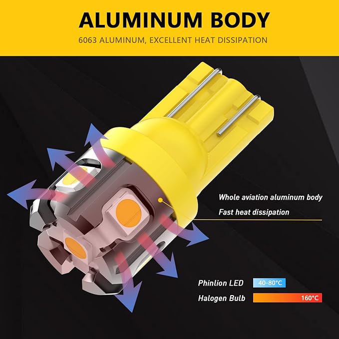 PHINLION 194 LED Light Bulb Amber Yellow Super Bright 168 2825 2827 T10 W5W Miniature LED Replacement Bulbs for Car Interior Map Dome Door Courtesy License Plate Side Marker Lights