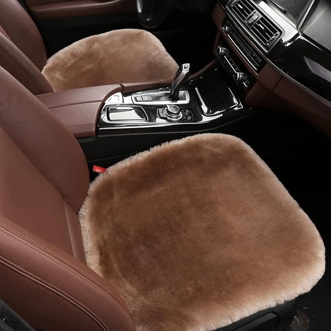 Genuine Sheepskin Auto Seat Pad, Australian Soft Wool Seat Cover Breathable and Sweat-Wicking Comfort Warm Universal Fit,19.2 inch x19.2 inch (Front seat Cushion 1pc, Light Brown)