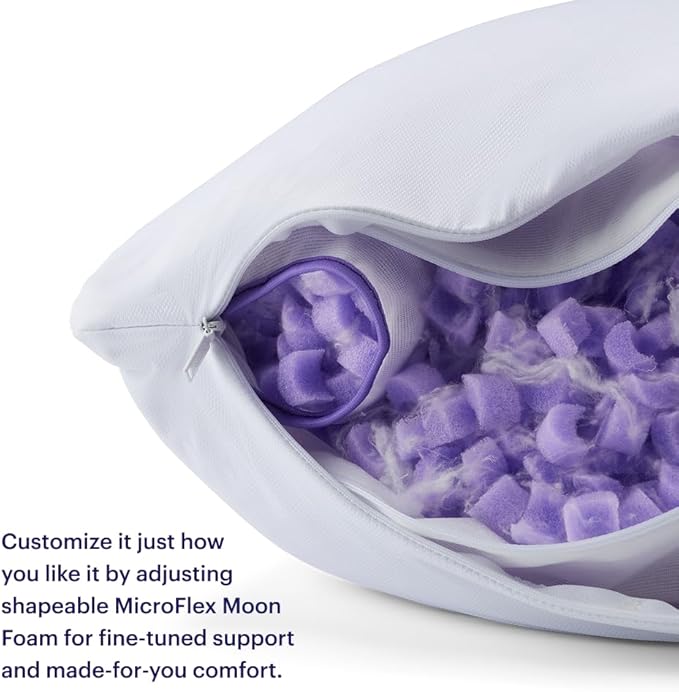 Purple Freeform Pillow - Standard Size, Customizable Support with GelFlex Grid & MicroFlex Moon Foam - Pressure Relief, Cooling, Extra Filling & Adjustable Height
