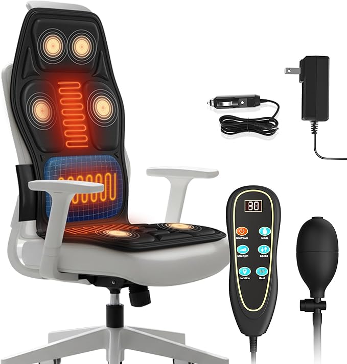 Back Massager for Chair, Massage Seat Cushion with Heat, Lumbar Traction, 6 Vibrating Motors Massager Chair Pad for Full Body Pain Relief, and Home Use