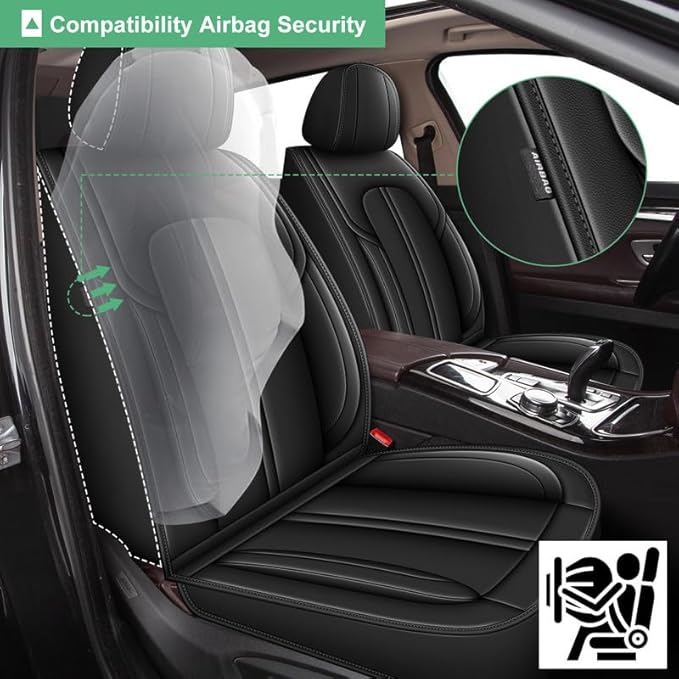 2 Front Seat Covers for Kia Soul 2010-2023 2024 2025 Faux Leather Car Seat Cover Waterproof Automotive Seat Cushion Protectors Compatible Airbag (2 Seats, Black)