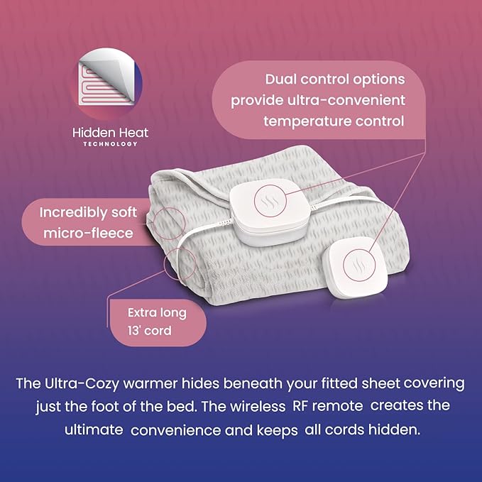 Hidden Heat Electric Foot of The Bed Warmer by SpotWarm; Wireless RF Remote, Microplush Flannel Mattress Warmer for Heated Feet. Queen Bed - 60” by 24”