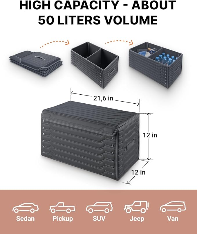 Owleys Car Trunk Organizer For Shoes - Storage Crate For SUV, Sedan Or Truck - Foldable Cargo Bin For Travel Gear & Sports Kits - Practical Holiday Gifts For Drivers (Highway 21.6 inch)