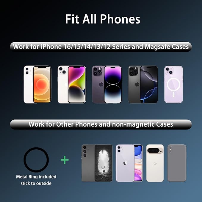 Vacuum Suction Magnetic Car Phone Holder Mount Fit All Phones,Adjustable Phone Holders for Your Car,Mechanical Knob No Need Charging,Metal Ring Stick Outside if Case Non-Magnetic (Black)