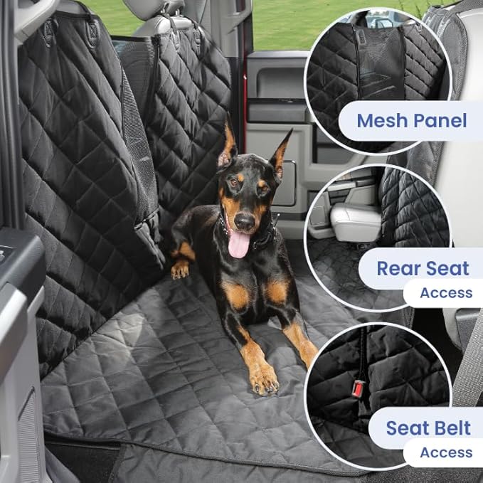 4Knines Dog Floor Hammock for Truck & Crew Cab with Fold Up Seats – Back Seat Pet Cover for Dogs – Compatible with Ram and Nissan Full Size Trucks (Driver Side Split, Black)