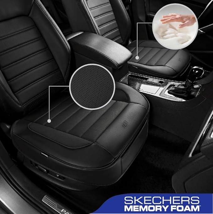 Skechers Car Seat Cover,Memory Foam Faux Leather Front Bottom Seat Cushion Cover,Universal Anti-Slip and Wrap Around The Bottom with Storage Bags,Suitable for Most Cars,Vans,Trucks, SUV -1 Piece,Black