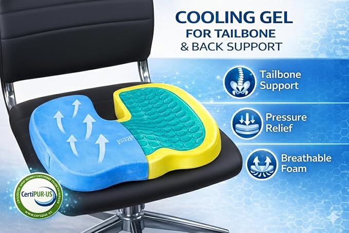 LuminaRest® Gel Seat Cushion for Long Sitting – Premium CertiPUR-US® Certified Memory Foam, Ergonomic Office Chair Cushion for Tailbone and Coccyx Pain Relief, Sciatica & Back Support – (Blue)