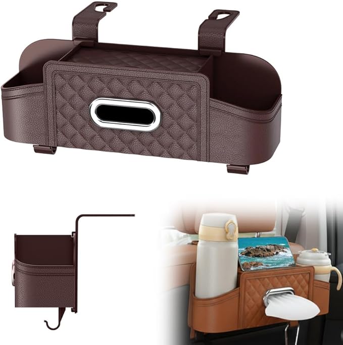 3-in-1 Car Backseat Organizer, Multifunctional Back Seat Car Organizer, Storage Box with Drink Cup Holder Tissue Box, for Hold Phone,Snacks, Drinks, Handbag (Brown)