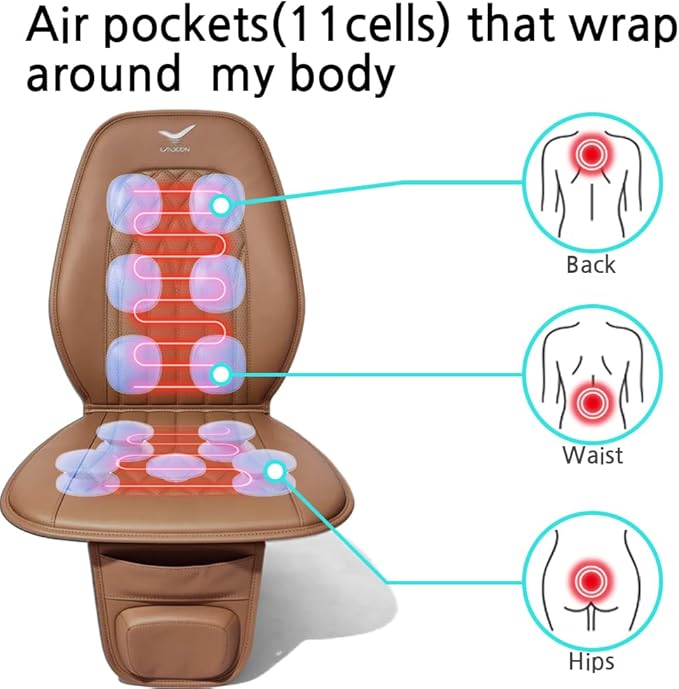 Laxon Vehicle Seat Air Massage Cover. Tailored for Long-Distance Drivers with Long Driving.11 Air Cells Dynamic Work 3 Massage Mode for Back & Hip. Relax Muscles While Driving (Brown)