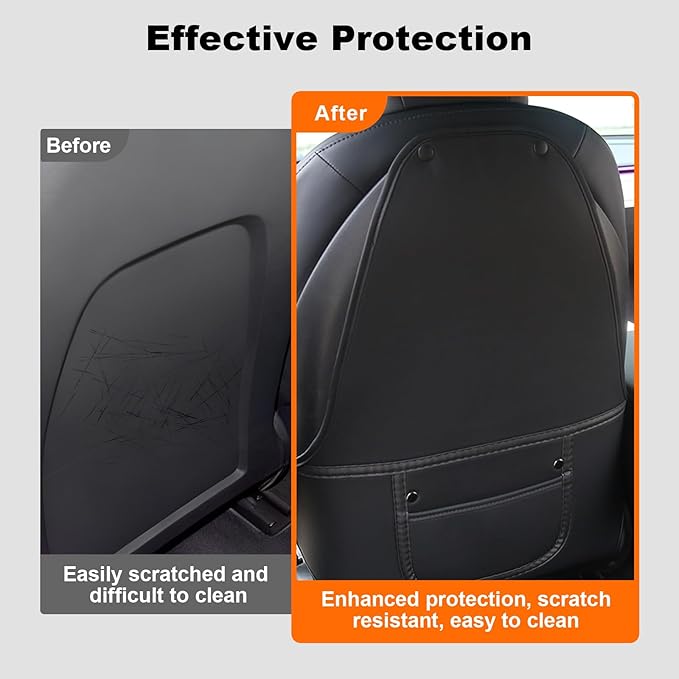 Seat Back Kick Protector Compatible with Tesla Model 3 2017-2025/ Model Y 2021-2025 Accessories, Leather Anti-scratch Kick Mat Cover with Organizer Pocket Black Seatback Protector for Kids Pets
