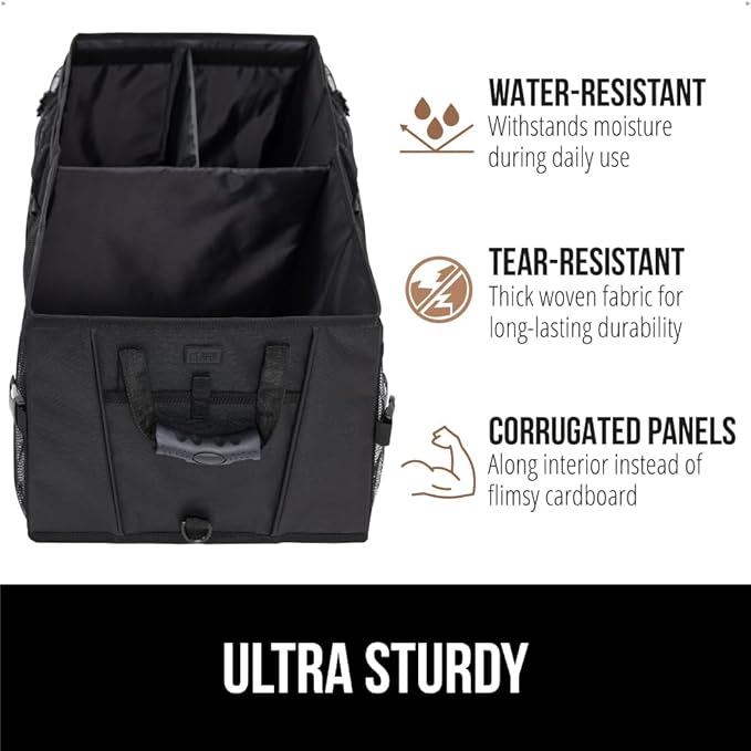GORILLA GRIP Large Capacity Sturdy Trunk Storage Organizer, Slip and Water Resistant Collapsible Organization Container, Holiday Gifts for Men, Women, Multi Compartment Car or SUV Accessories, Black