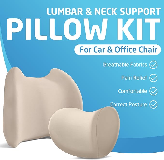 Lumbar & Neck Support Pillow Kit - Beige - Back & Neck Support Pillow for Car & Office Chair - Memory Foam Pillow - Ergonomic Pillow for Neck & Back Pain Relief
