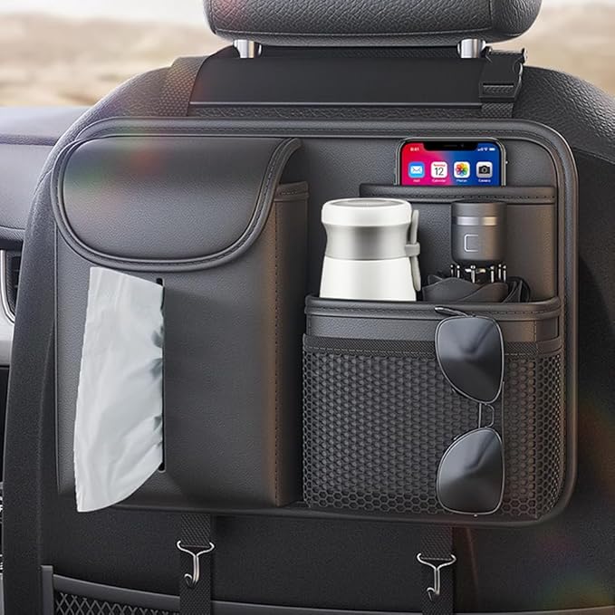 Tumecos Car Seat Back Storage Bag,Backseat Organizer with Tissue Box, Large Capacity Rear Seat Storage Pocket, Universal for Most Vehicles