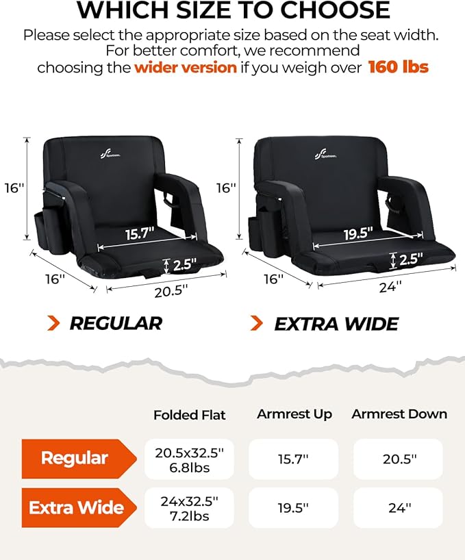 Sportneer Stadium Seats with Back Support: 2.5'' Thick Comfy Cushion 6 Adjustable Angle Bleacher Seat with Armrest - 2 Large Pockets, 2 Cup Holders Stadium Chair for Sport Events Concerts Parks