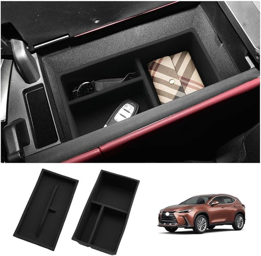 LUWU Lexus NX 2025 2026 Center Console Organizer for 2022 2023 2024 2025 2026 Lexus NX250/NX350/NX450 Accessories Armrest Console Storage Box Glove Organizer Tray Silicone Material 2-Pack (Black)