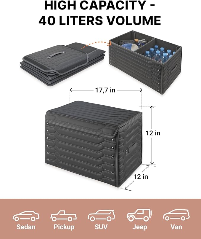 Owleys Trunk Storage 17.7" Collapsible Crate For Groceries, Tools & Travel Gear - Eco-Leather Car Organizer With Magnetic Lid - Practical Birthday Gift For Men (Highway 17)