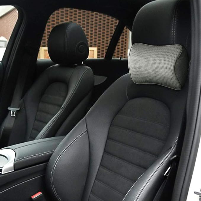 Aukee Memory Foam Car Neck Pillow Soft Leather Car Headrest for Driving Home Office Gray (Pack of 2)