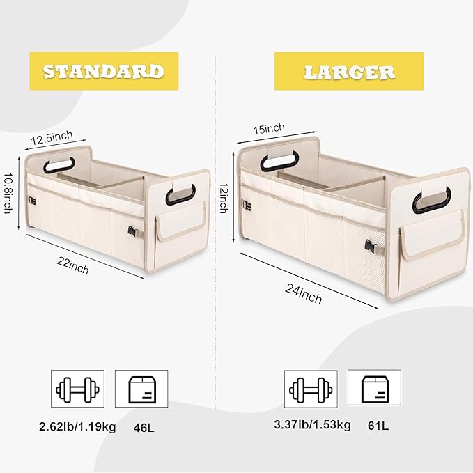 JiatuA Car Trunk Organizer, Car Organizers and Storage Collapsible Multi Compartment Container Box, Adjustable Car Accessories for SUV Sedan Truck, Standard Size, Beige
