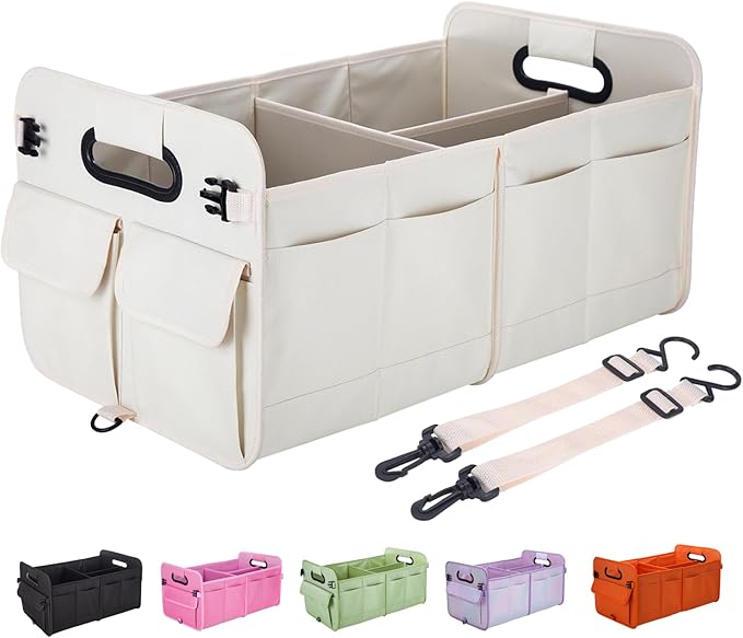 Trunk Organizer For Suv & Sedan,Car Organizers and Storage, Waterproof Collapsible & Adjustable Straps,75L Sturdy Car Organization for Car Accessories, Tools,Sundries,2-3 Compartment（Beige）