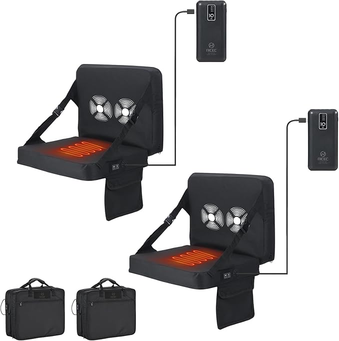 Nice C Heated Seat Cushion, Heated Stadium Seat, Heated Bleacher Seat, Stadium Seats for Bleacher, Massage Stadium Seat Cushion with Back Support, with Power Bank, Carry Handle&Compartment (2 Pack)
