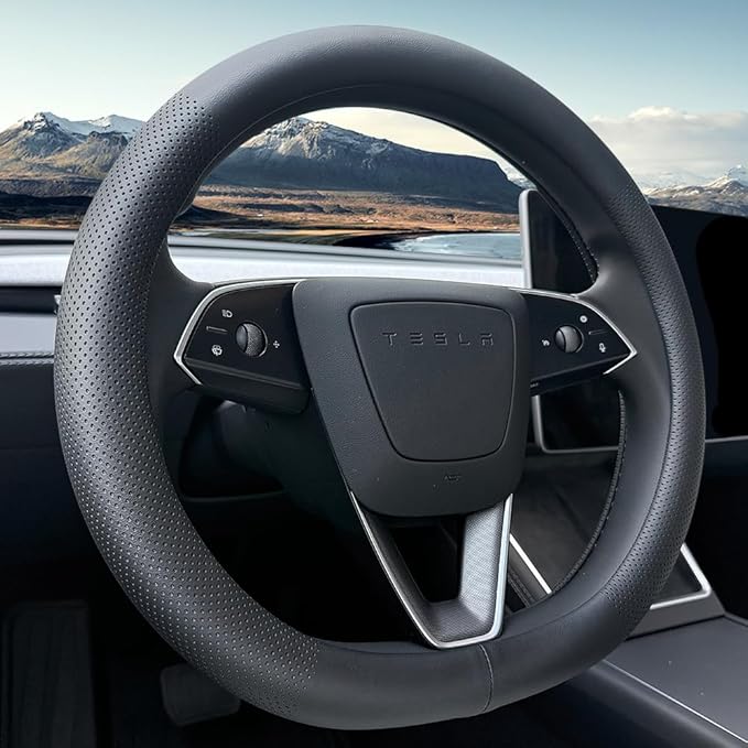 Tesla Model 3 and Model Y Steering Wheel Cover, Comfortable, Non-Slip, Breathable, Black Nappa Leather (Black)