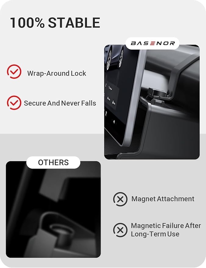 BASENOR 2026 Tesla Model Y Model 3 Under Screen Storage Box [100% Secure] Center Console Organizer Tray for Model Y Juniper 2025 2026 Model 3 Highland 2024 2025 2026 (Standard, Premium & Performance)