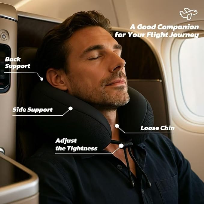 Travel Pillow for Airplane with Cooling Ice Silk & Waffle Cover, Soft Memory Foam U-Shaped Neck Support, Washable & Travel-Friendly for Car, Office & Camping(Black)