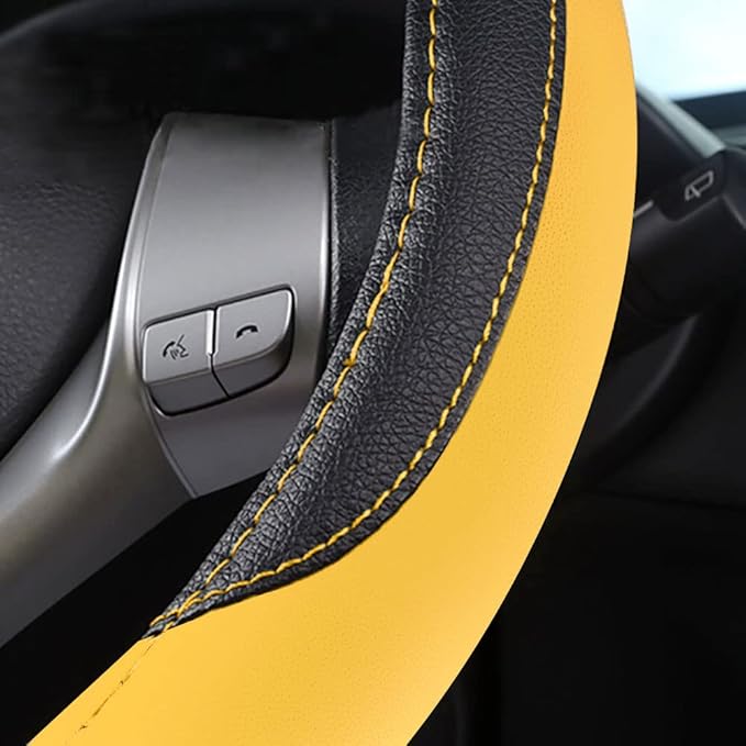 Leather Car Steering Wheel Cover, Non-Slip Car Wheel Cover Protector Breathable Microfiber Leather Universal Fit for Most Cars (Black&Yellow)