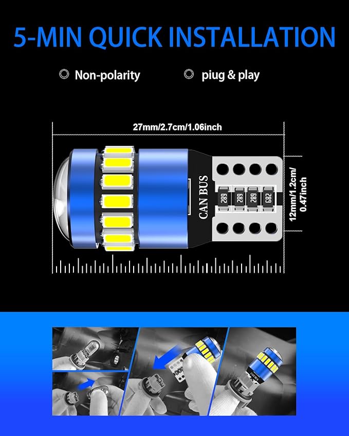 T10 194 LED Bulbs Amber Yellow, Canbus Error Free 168 2825 W5W with 3014 SMD Chips LED Bulb for Car Dome Map Door Dash Instrument Courtesy License Plate Lights, Pack of 2