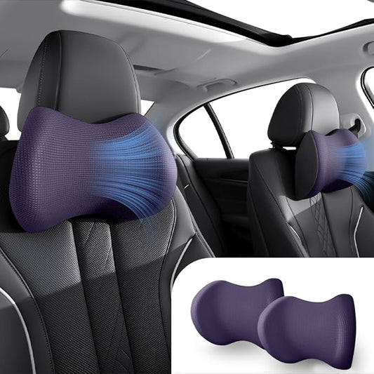 2Pack Car Neck Pillow - No Pressure & Odorless Memory Foam Car Headrest Pillow for Pain Relief, Ergonomic Support with Adjustable Strap & Breathable Removable Cover, Universal Fit(Purple)