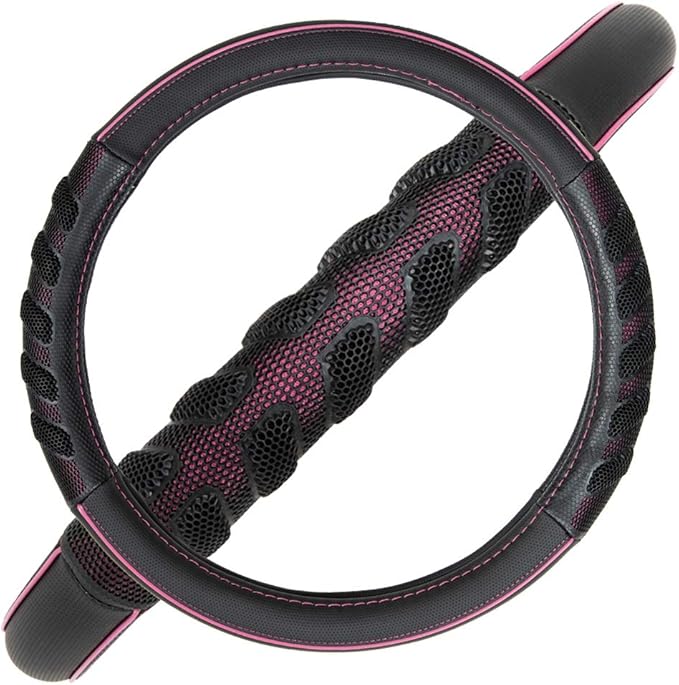 Flying Banner car Steering Wheel Cover Faux Leather Massage Universal fit 3D Honeycomb Hole Anti-Slip Sporty 15 Inches (Pink Black)