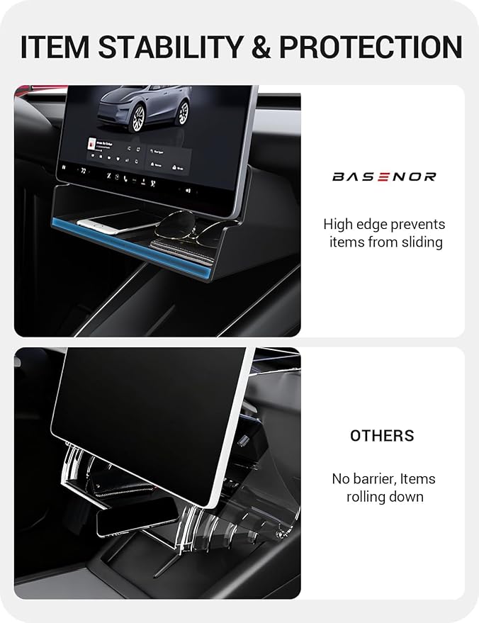 BASENOR 2026 Tesla Model Y Model 3 Under Screen Storage Box [100% Secure] Center Console Organizer Tray for Model Y Juniper 2025 2026 Model 3 Highland 2024 2025 2026 (Standard, Premium & Performance)