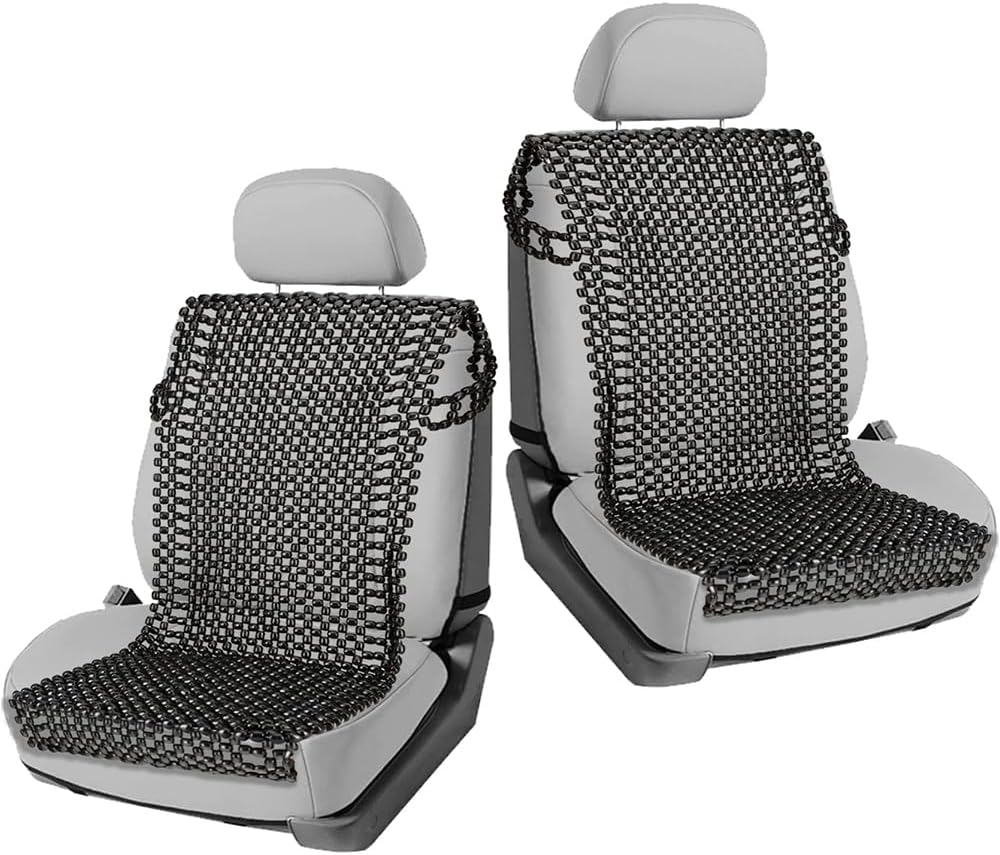VaygWay Beaded Seat Cushion 2 Pk Car Driver Seat Cover with Durable & Double Strung Natural Wood Beads- Cooling Comfort Ventilated Massaging Support Cushion for Cars, Trucks & Office Chairs- Black