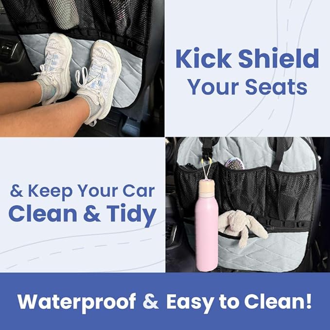 4Knines Car Seat Back Organizer – Heavy-Duty Kick Mat w/Mesh Storage Pockets, Bottle Hook – UV-Resistant Hardware – Waterproof Backseat Organizer for Kids & Pets – Fits SUVs, Trucks, Cars – Black