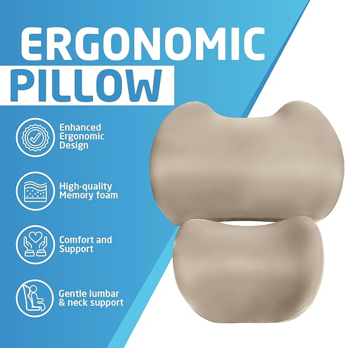 Lumbar & Neck Support Pillow Kit - Beige - Back & Neck Support Pillow for Car & Office Chair - Memory Foam Pillow - Ergonomic Pillow for Neck & Back Pain Relief